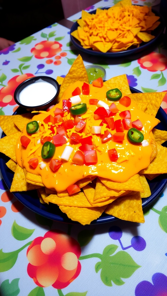 Cheesy nachos with tomatoes and jalapeños, served with sour cream and guacamole on a colorful table.